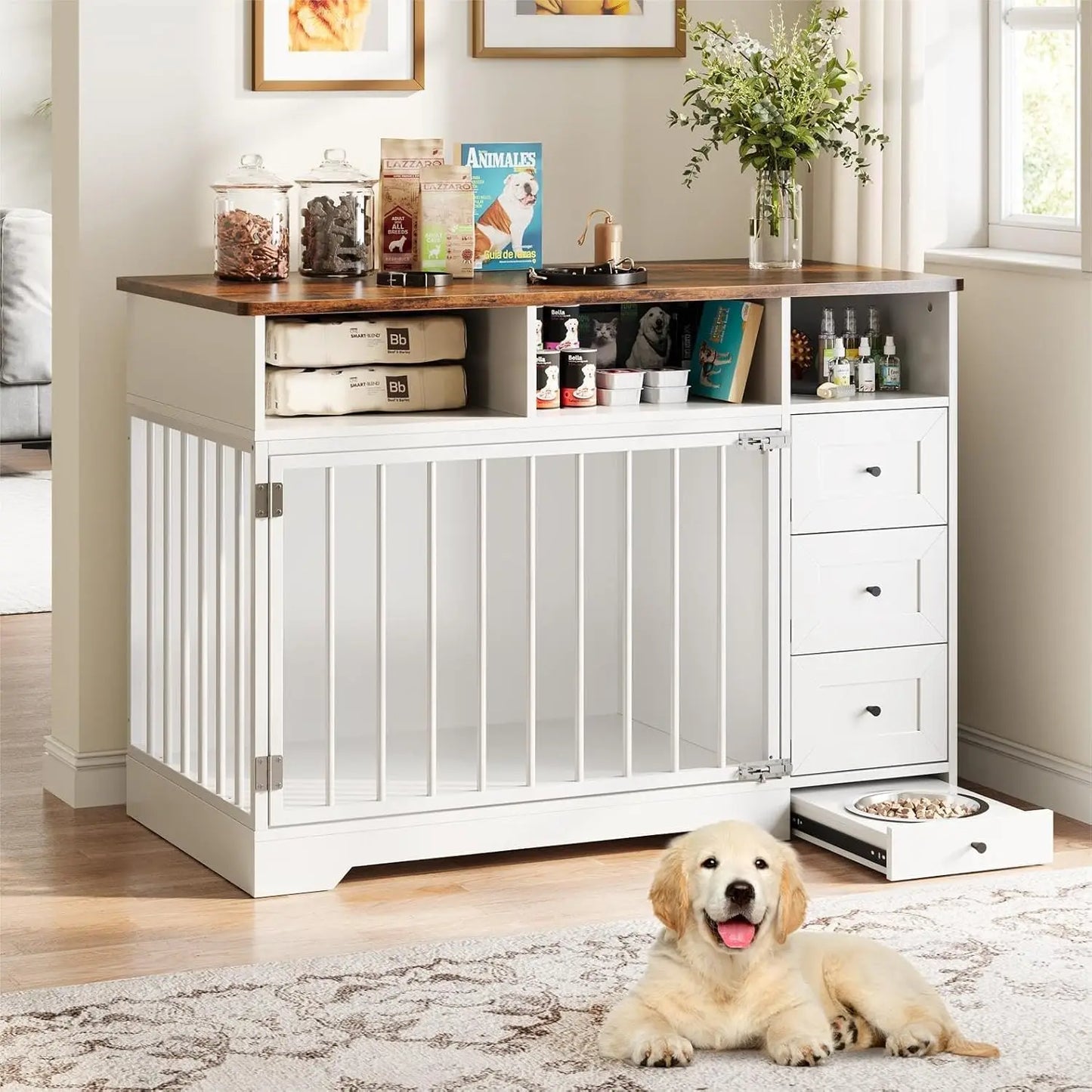 HiMISS Farmhouse Dog Crate Table With Bowl And Drawers