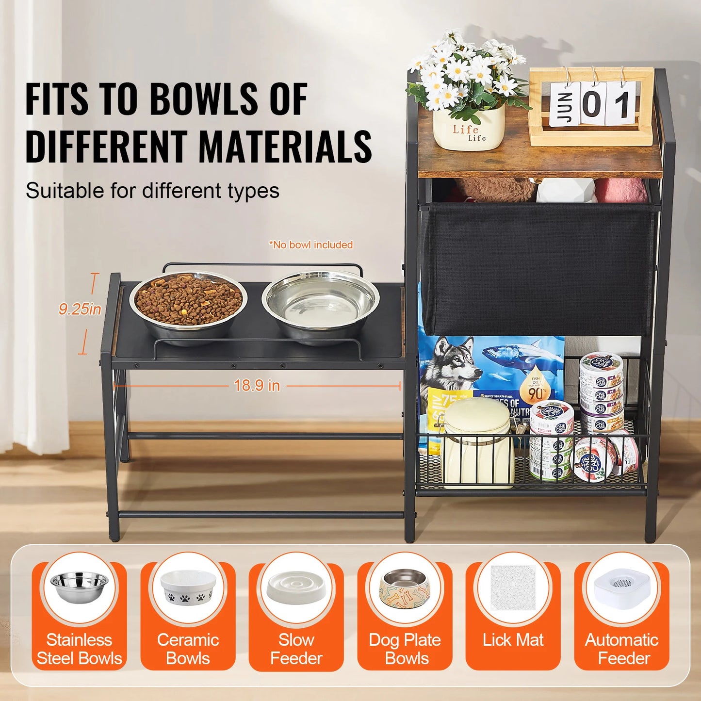 Pet Feeding Station With Storage Elevated Bowls And Shelves