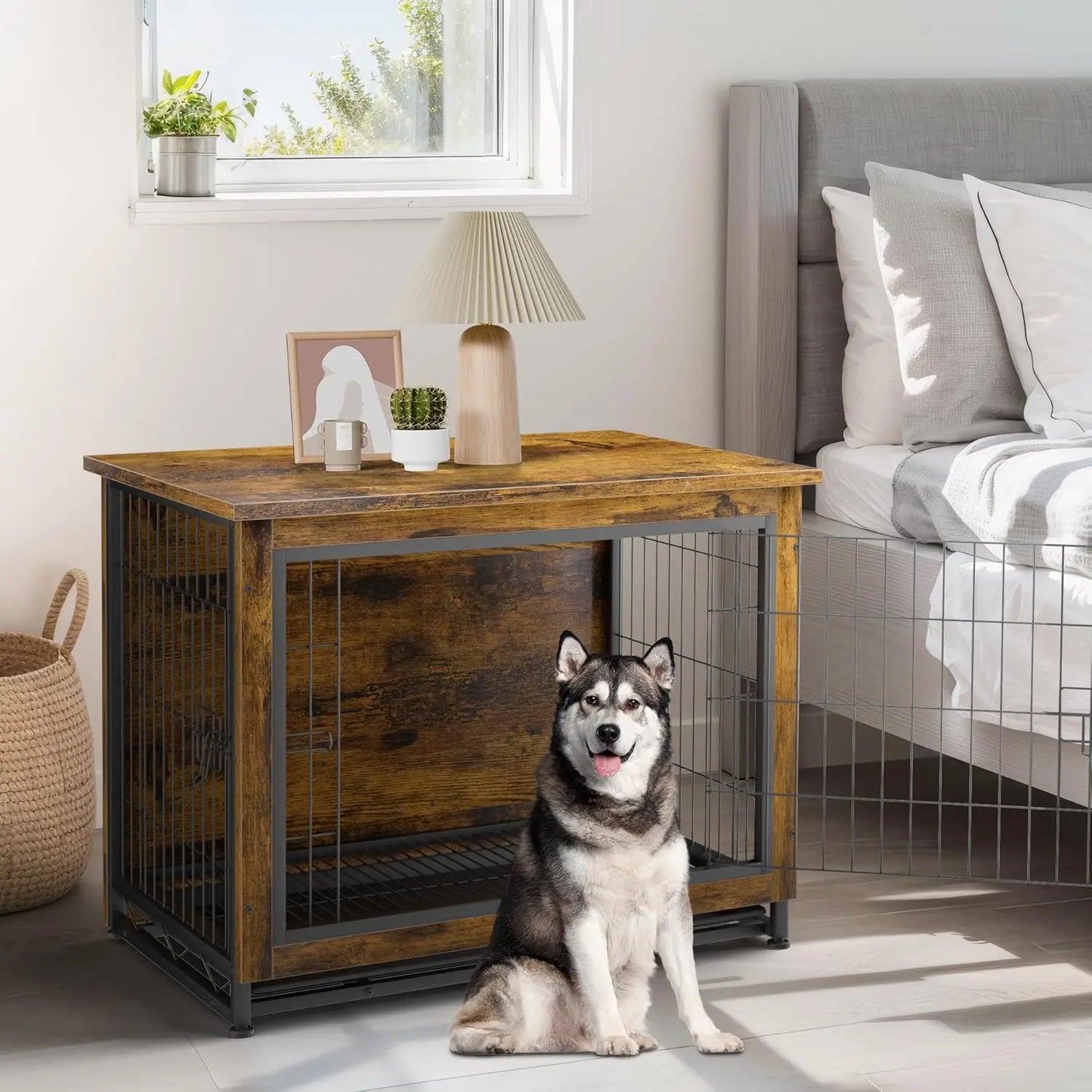 Wooden Dog Crate Table With Double Doors Kennel Furniture