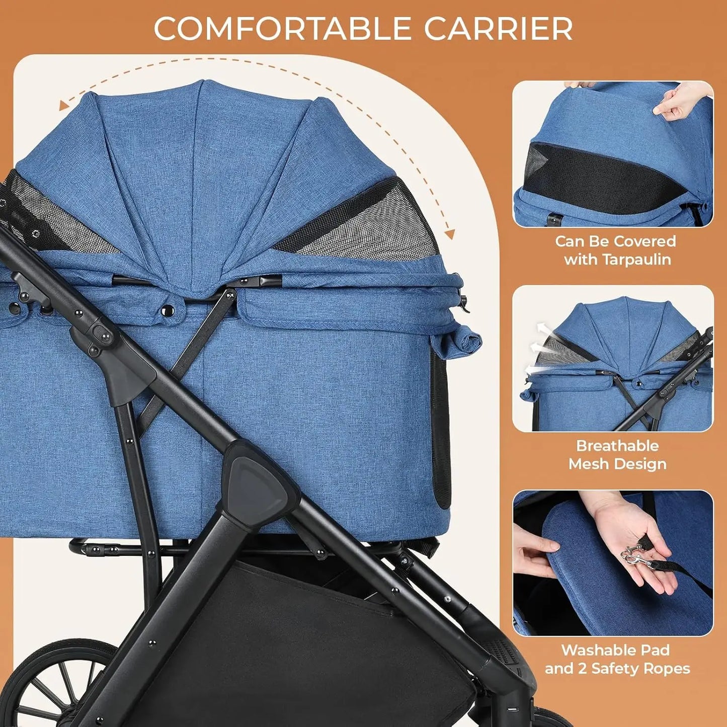 Foldable Pet Stroller All Terrain Travel Carrier With Shock Absorbers