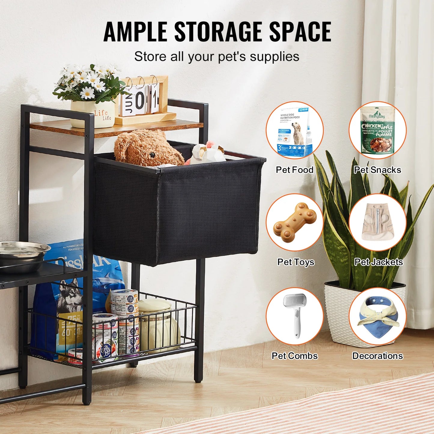 Pet Feeding Station With Storage Elevated Bowls And Shelves