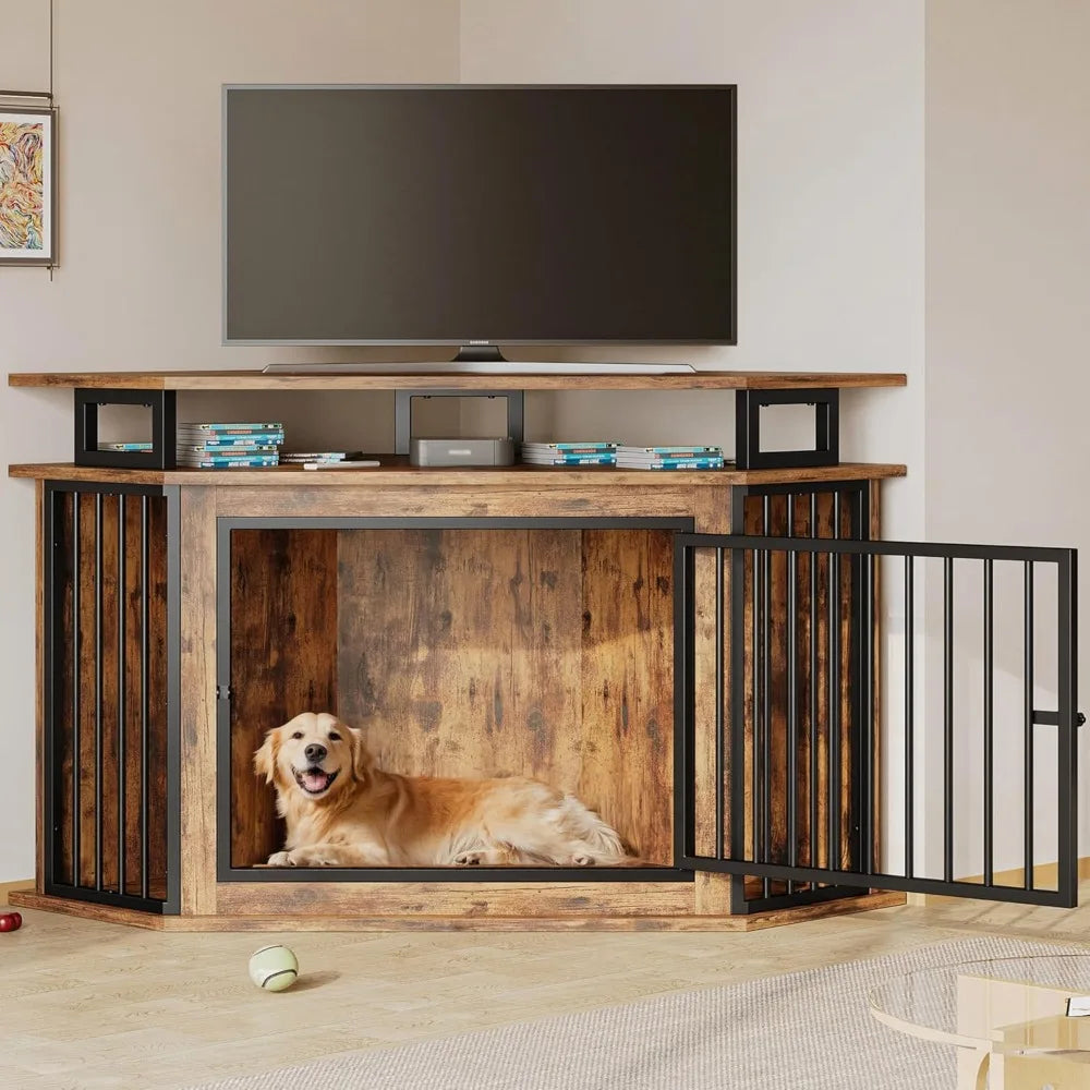Wooden Corner Dog Crate With Two-Tier Shelves For Large Dogs