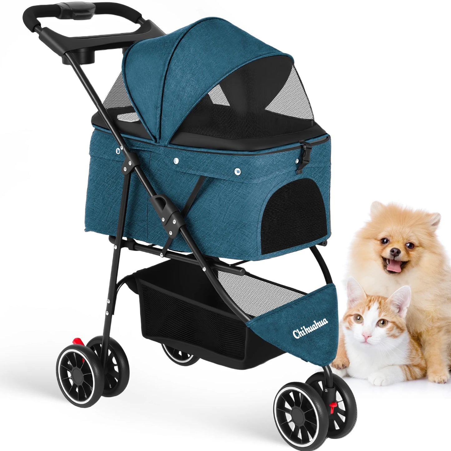 CHIHUAHUA Pet Stroller For Cats And Dogs 3 Wheel Foldable Mesh Canopy