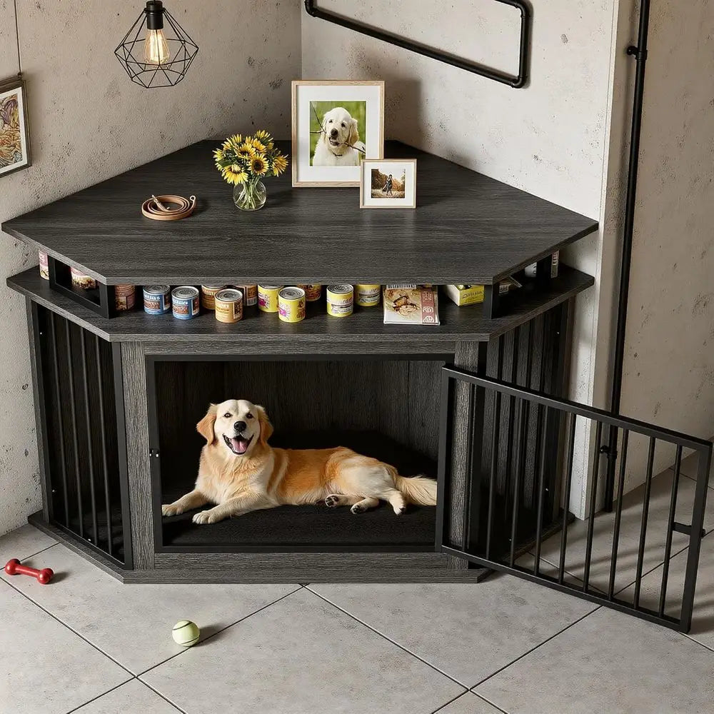 MKDK Wooden Dog Crate Furniture With 2-Tier Shelves