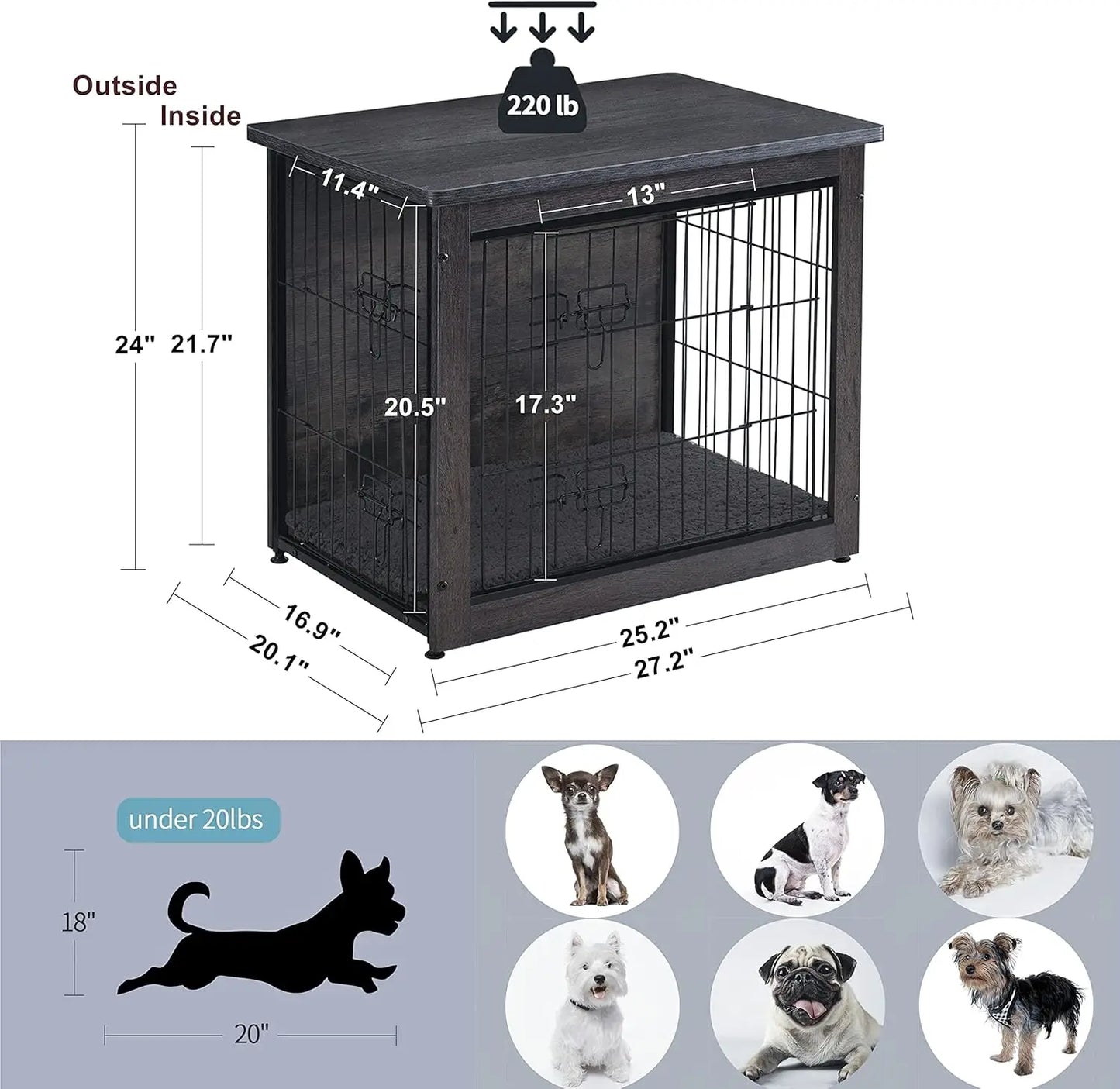 Wooden Dog Crate Furniture With Cushion Kennel Double Doors Indoor