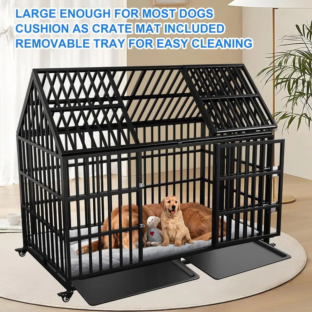 Heavy Duty Metal Dog Crate Roo Top Lockable Wheels Kennel