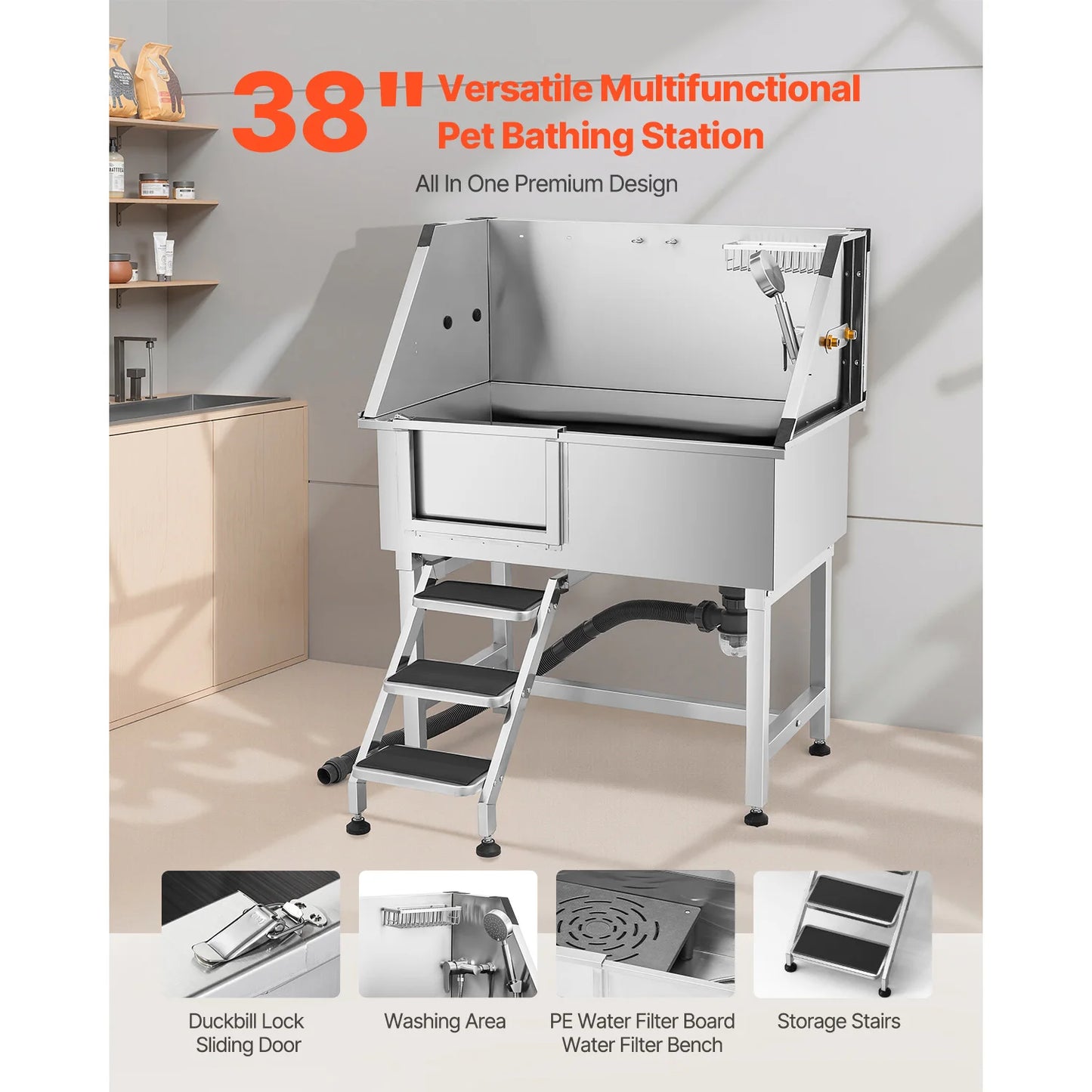 Stainless Steel Dog Washing Station Grooming Tub With Storage Stairs