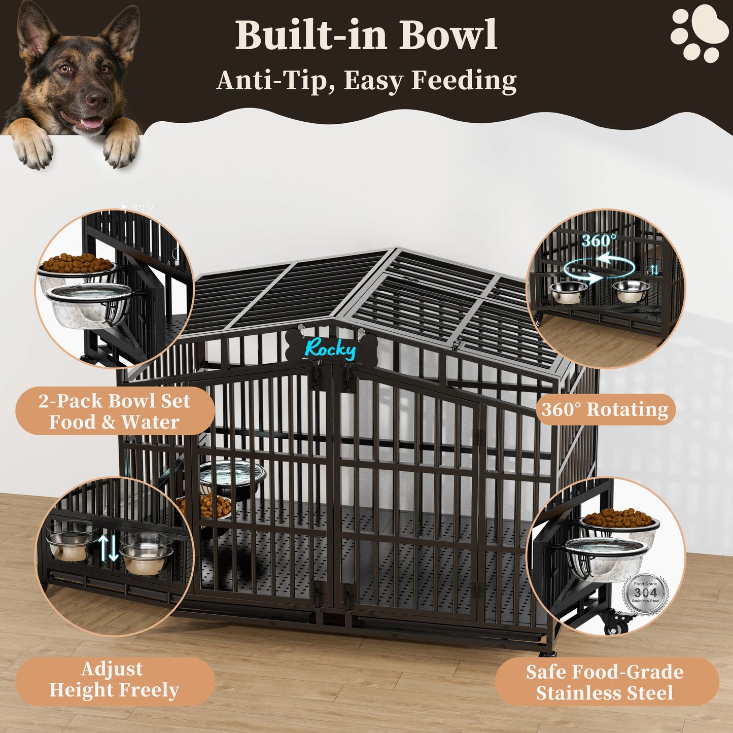 EasyCom Heavy Duty Dog Crate With Lockable Wheels And Bowls
