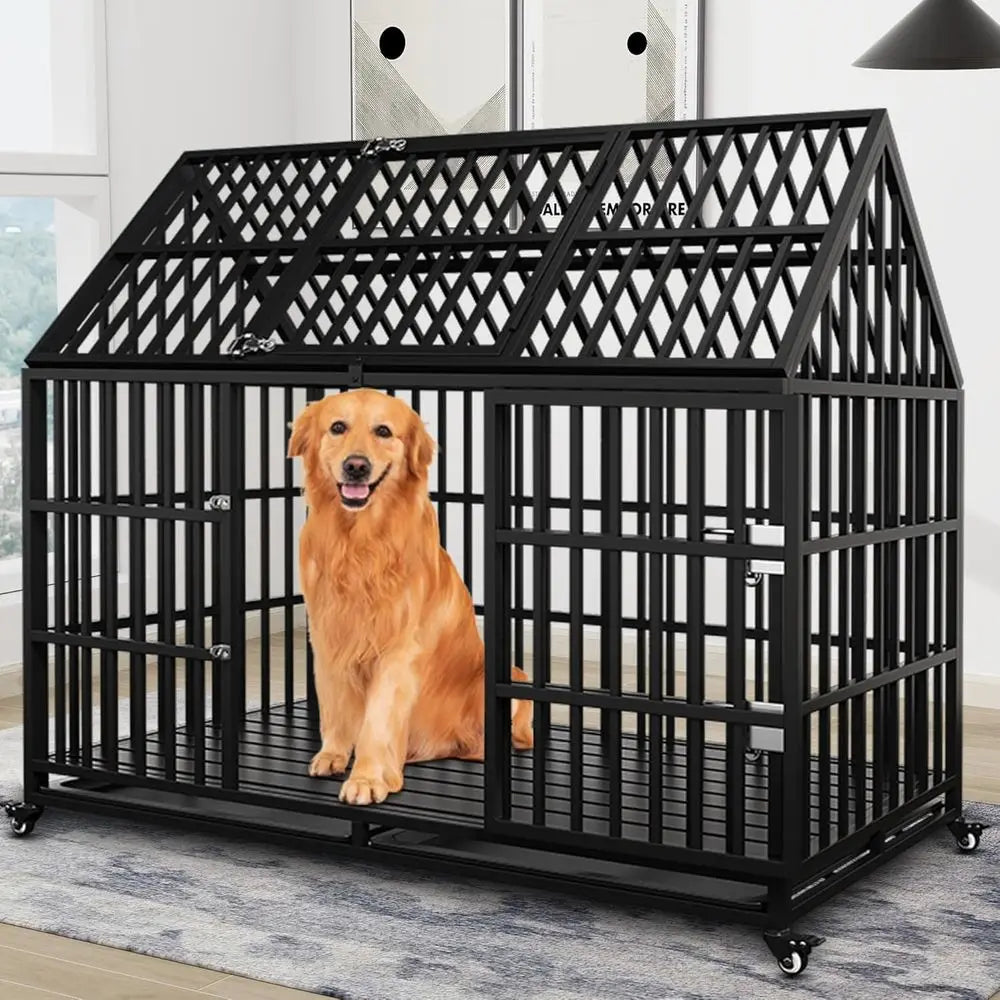 Heavy Duty Metal Dog Crate Roo Top Lockable Wheels Kennel