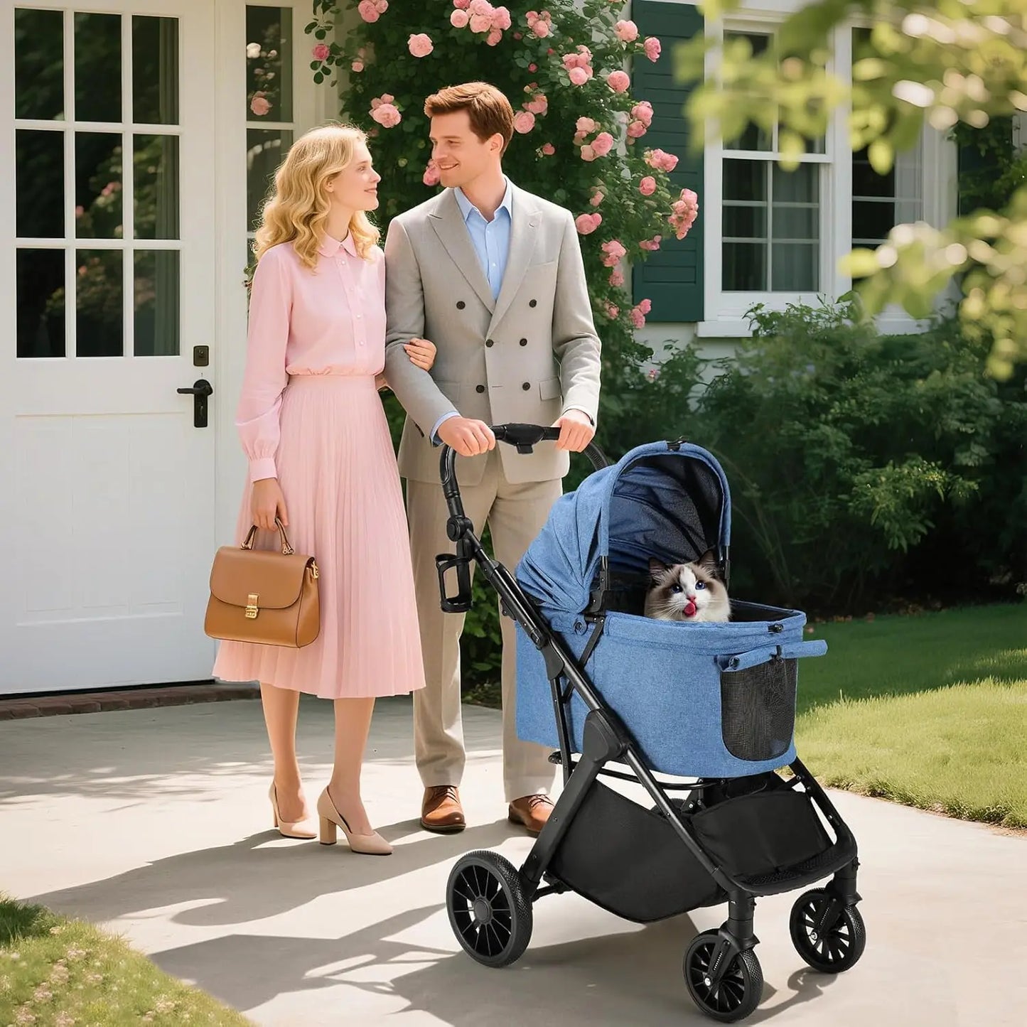 Foldable Pet Stroller All Terrain Travel Carrier With Shock Absorbers