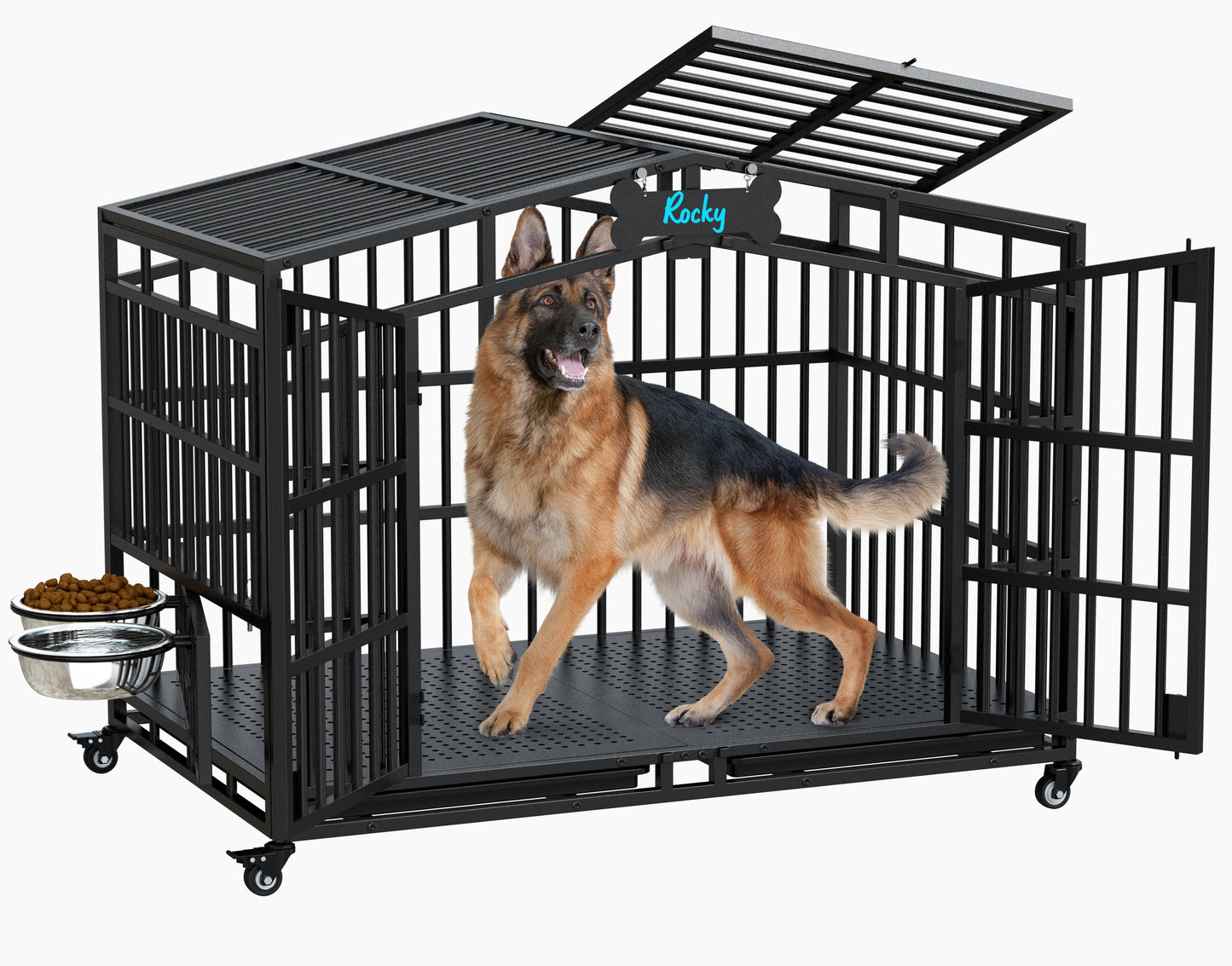 EasyCom Heavy Duty Dog Crate With Lockable Wheels And Bowls