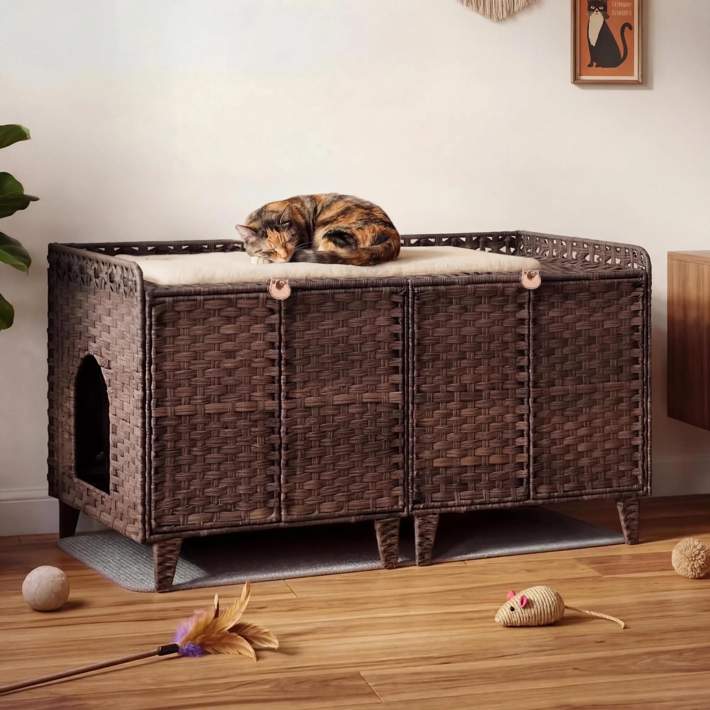 DishyKooker Cat Villa Litter Box Enclosure Rattan For 2 Cats