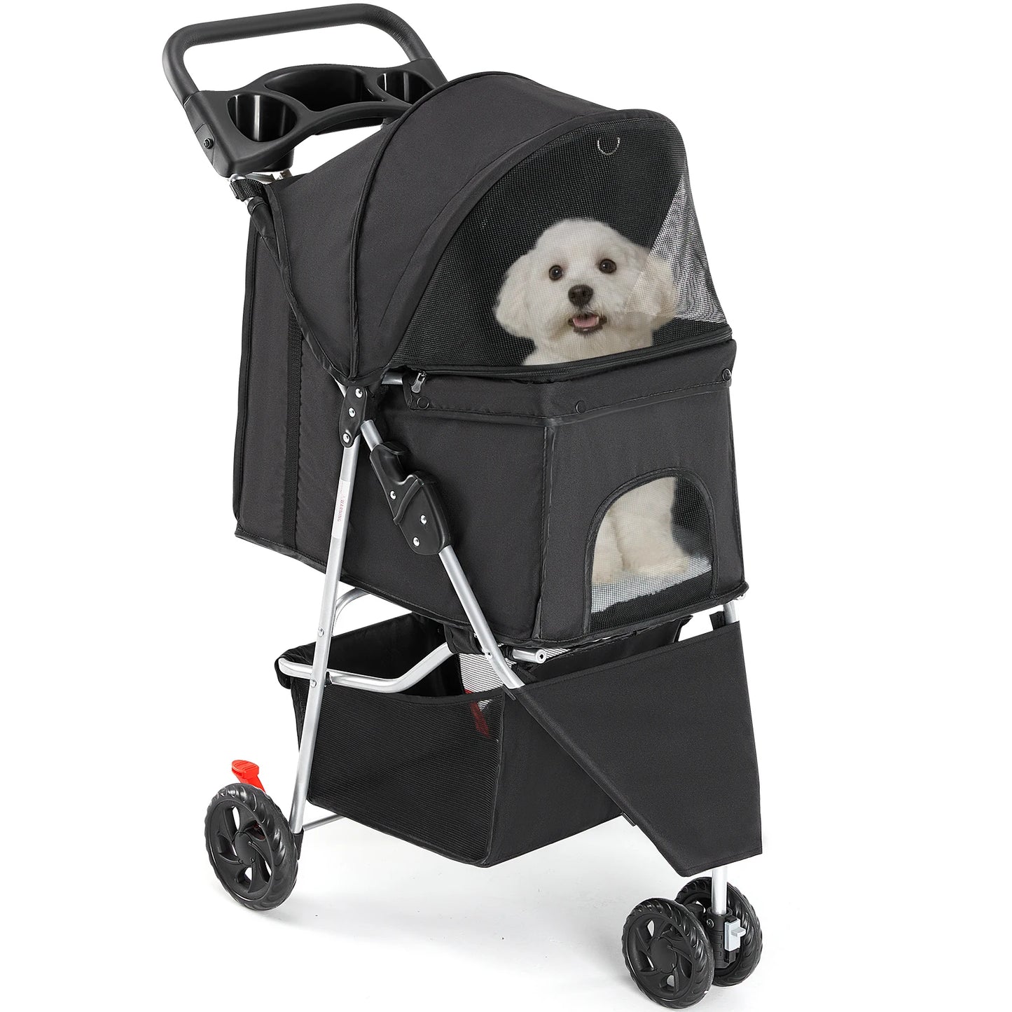 Foldable 3 Wheel Pet Stroller With Mesh Windows Storage Basket