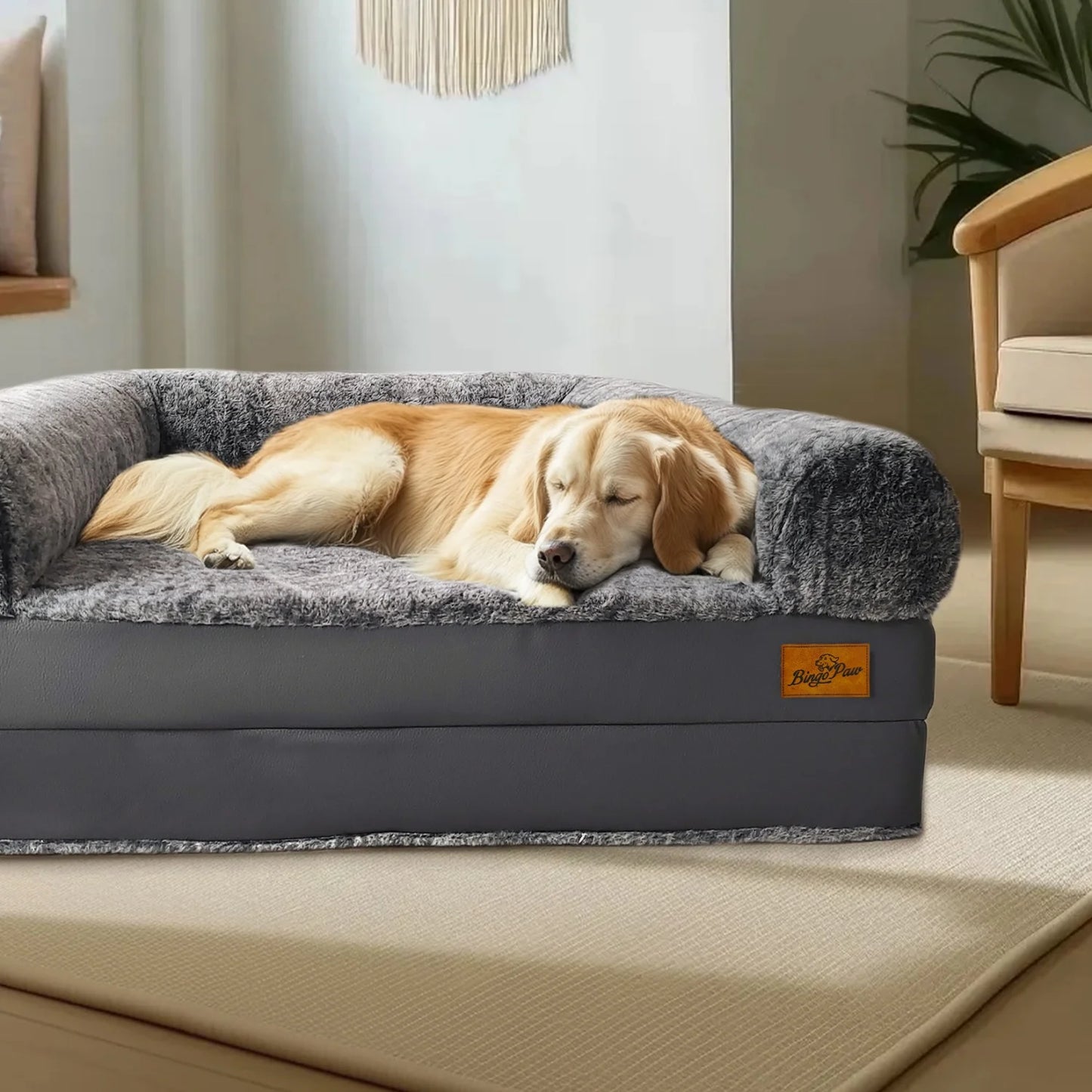 BINGOPAW Orthopedic Dog Bed Foldable Plush Cushion With Bolster
