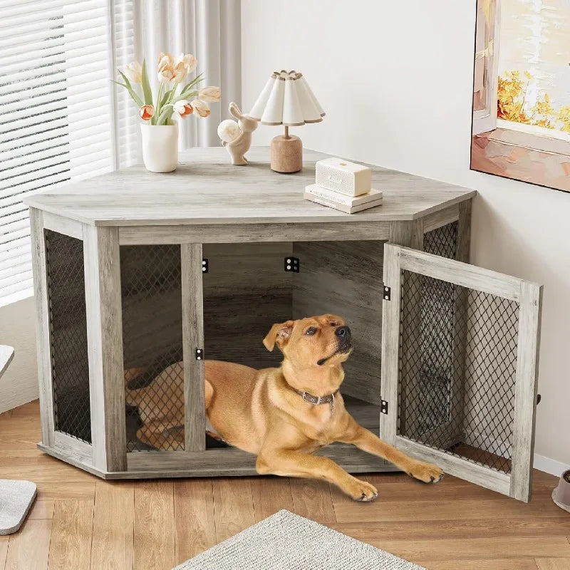 Pretzi Corner Dog Crate Furniture With Metal Mesh Indoor
