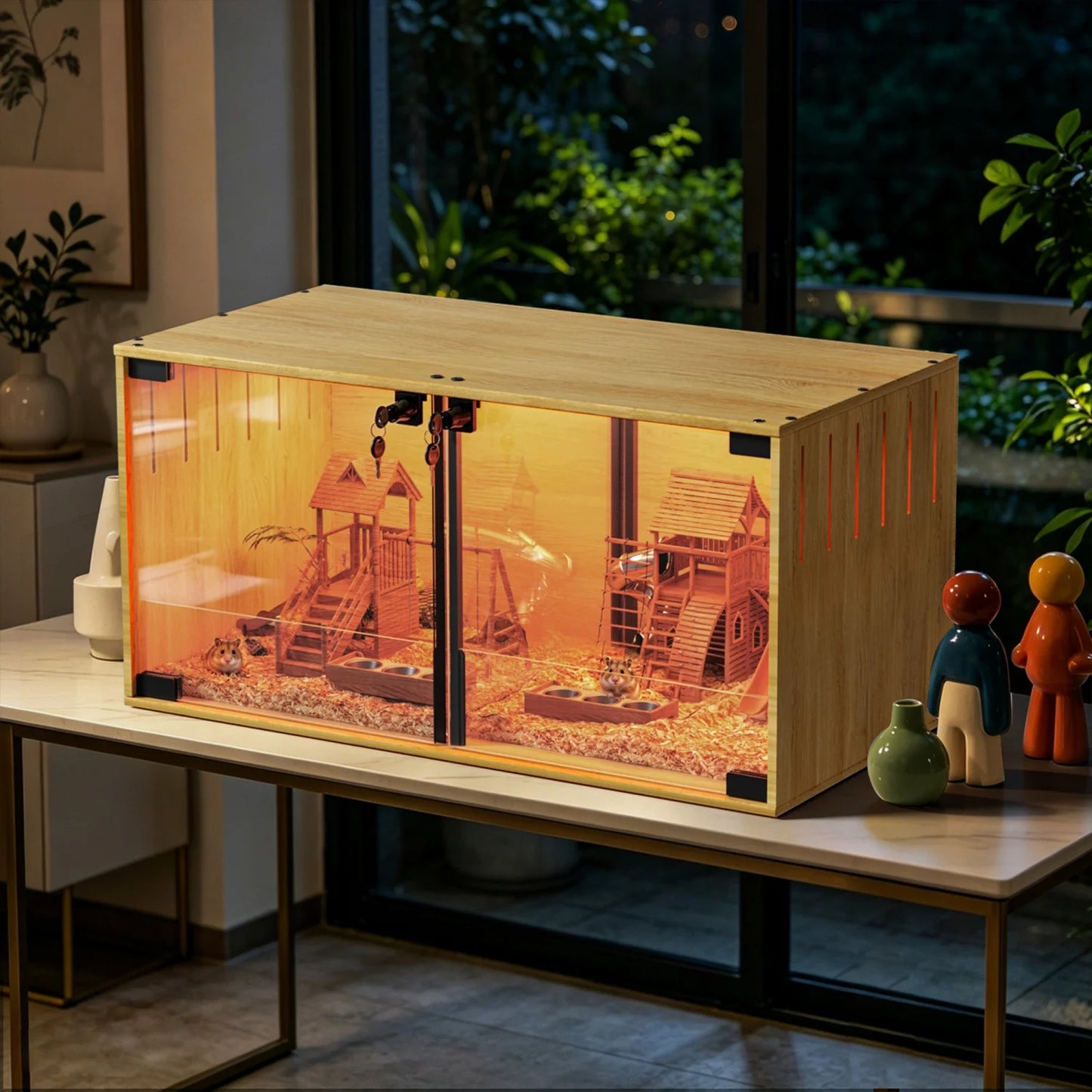 Wooden Small Animal Cage With Tempered Glass Panels