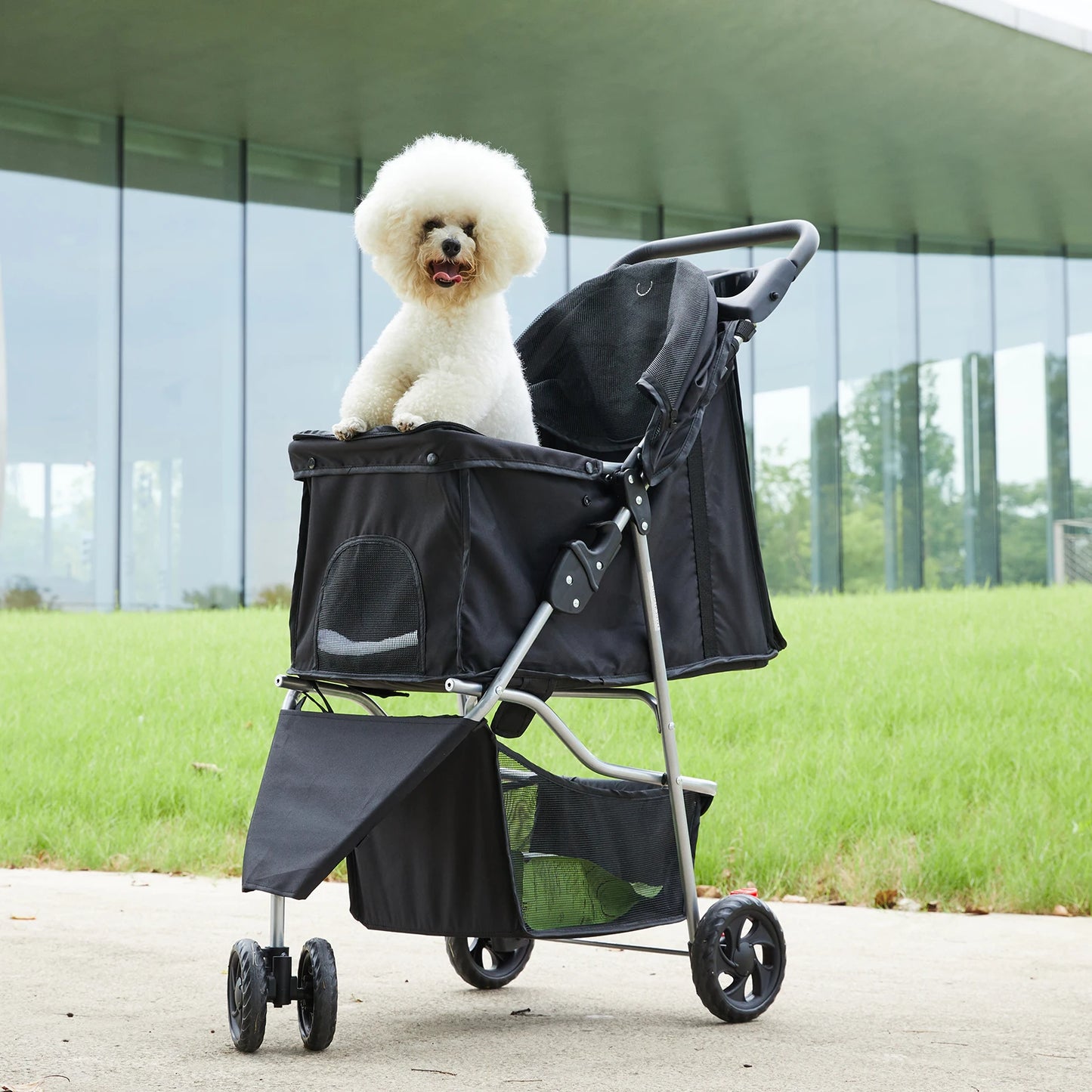 Foldable 3 Wheel Pet Stroller With Mesh Windows Storage Basket