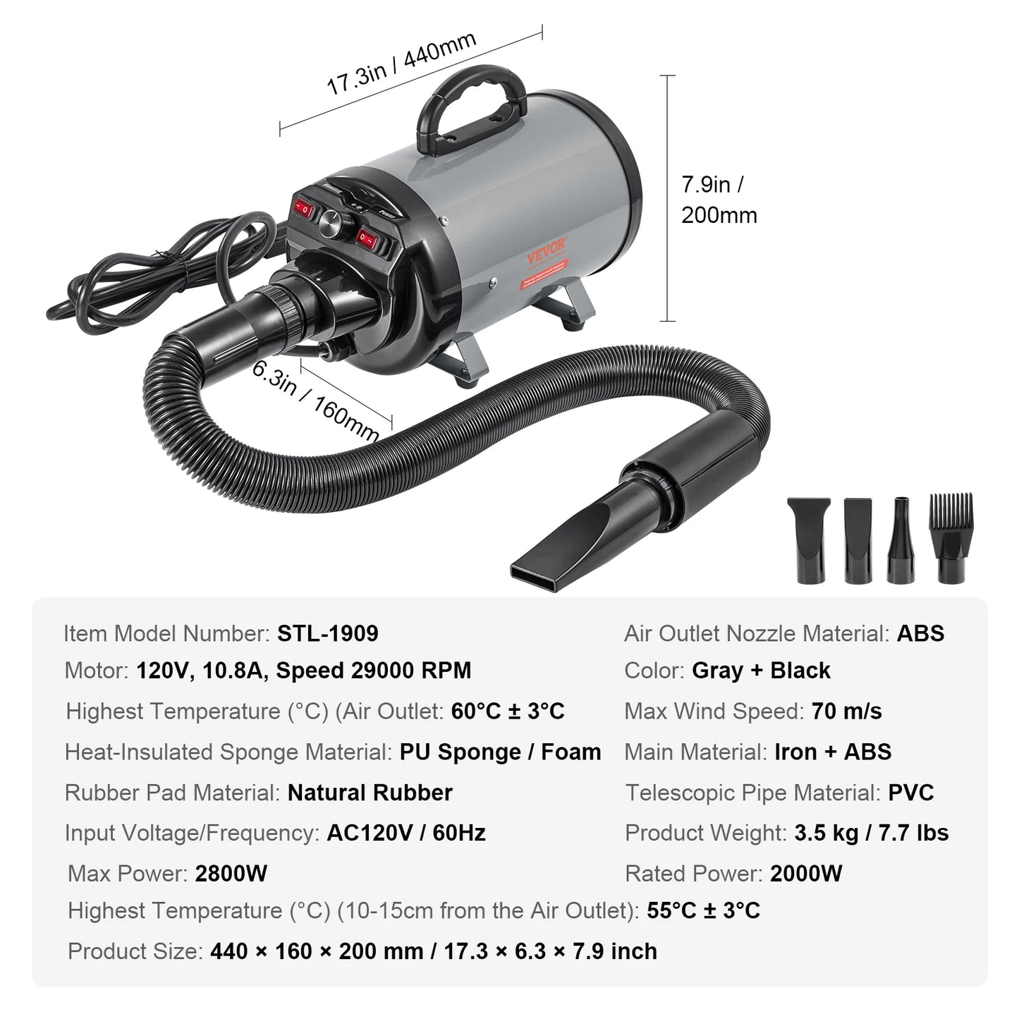 SucceBuy 2000W Dog Grooming Dryer With Adjustable Speed Extendable Hose Nozzles