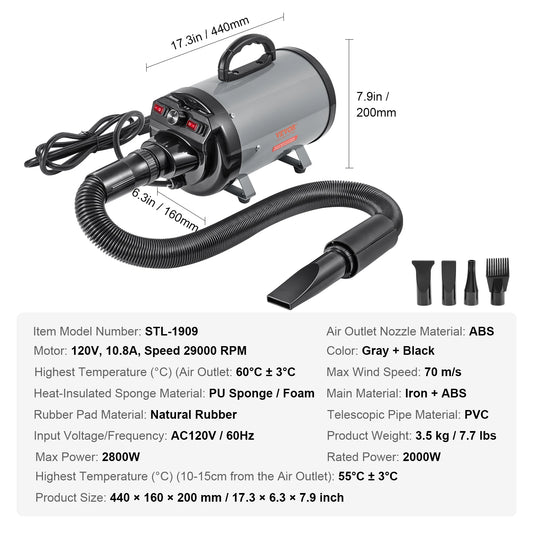 SucceBuy 2000W Dog Grooming Dryer With Adjustable Speed Extendable Hose Nozzles