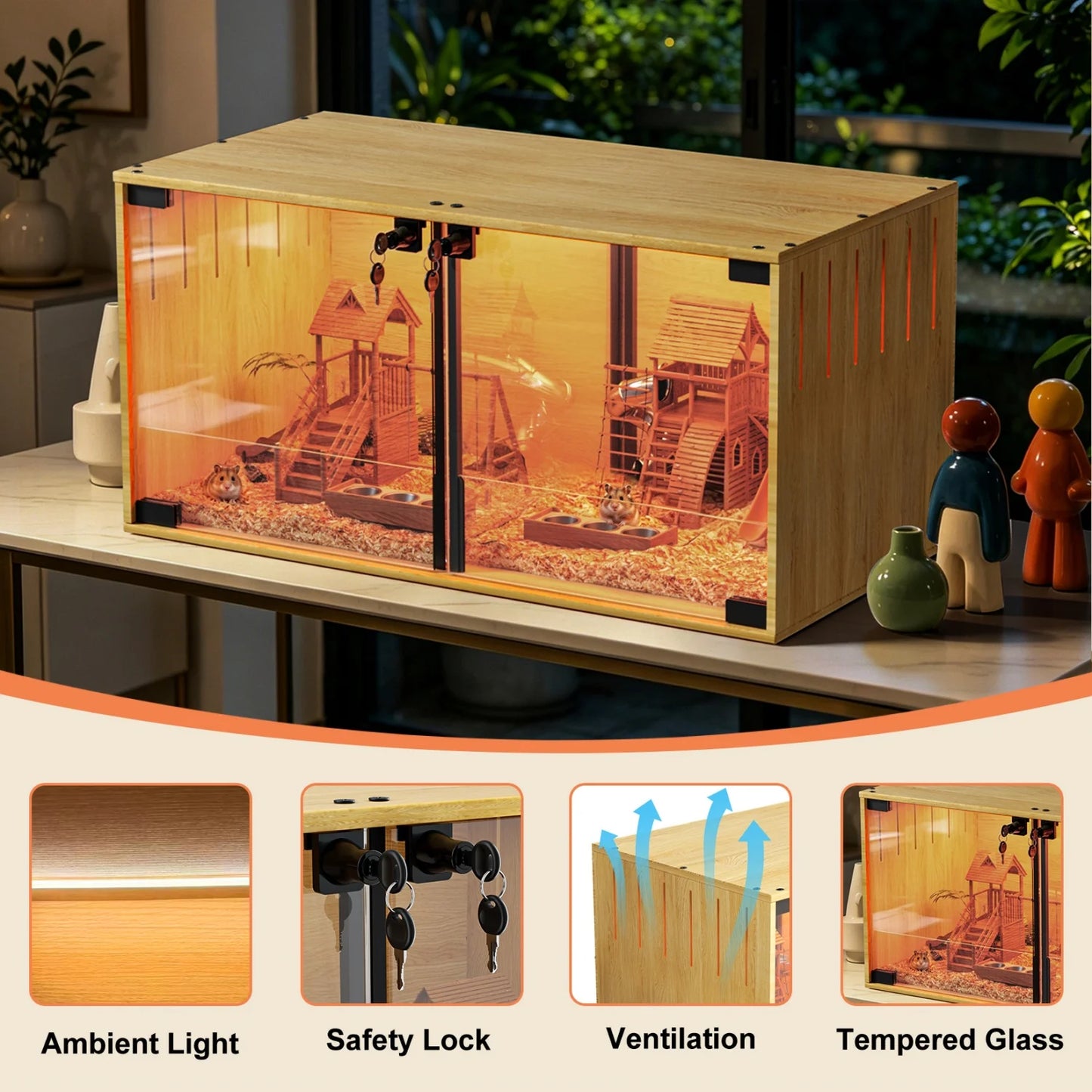 Wooden Small Animal Cage With Tempered Glass Panels