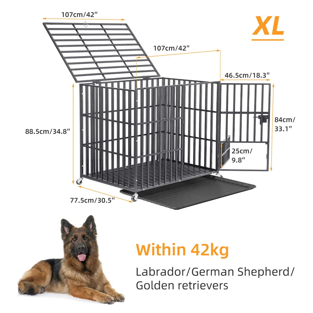 BORWART Heavy Duty Dog Crate With Lockable Wheels And Tray