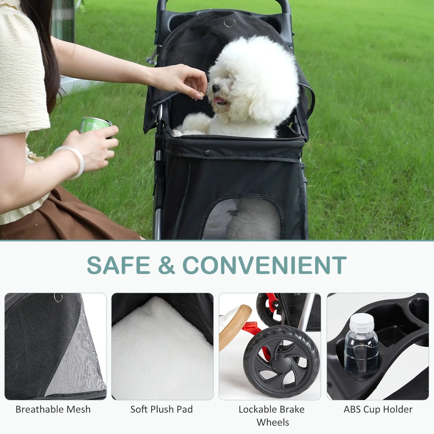 Foldable 3 Wheel Pet Stroller With Mesh Windows Storage Basket
