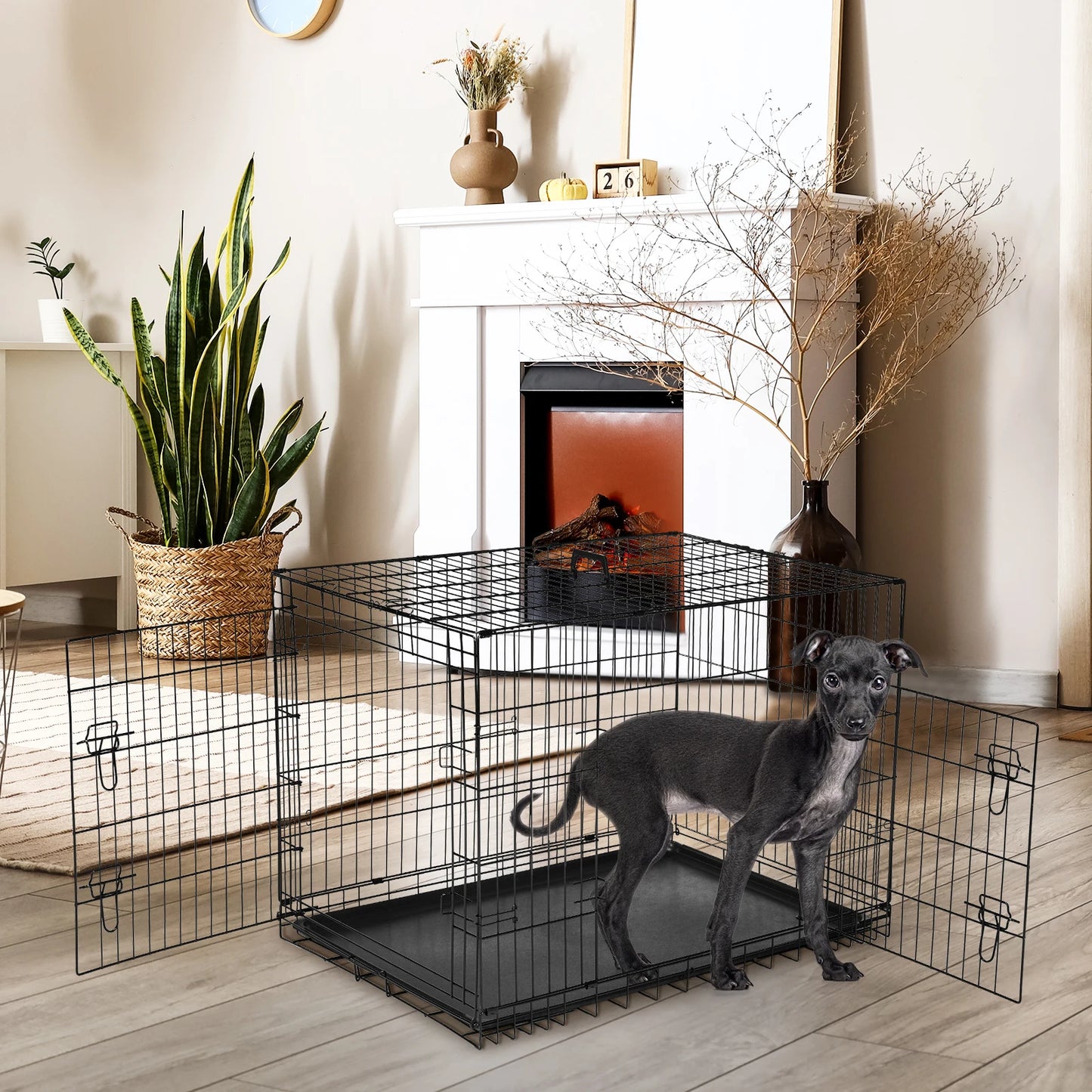 JHK Double Door Folding Metal Wire Dog Cage With Leakproof Pan Tray