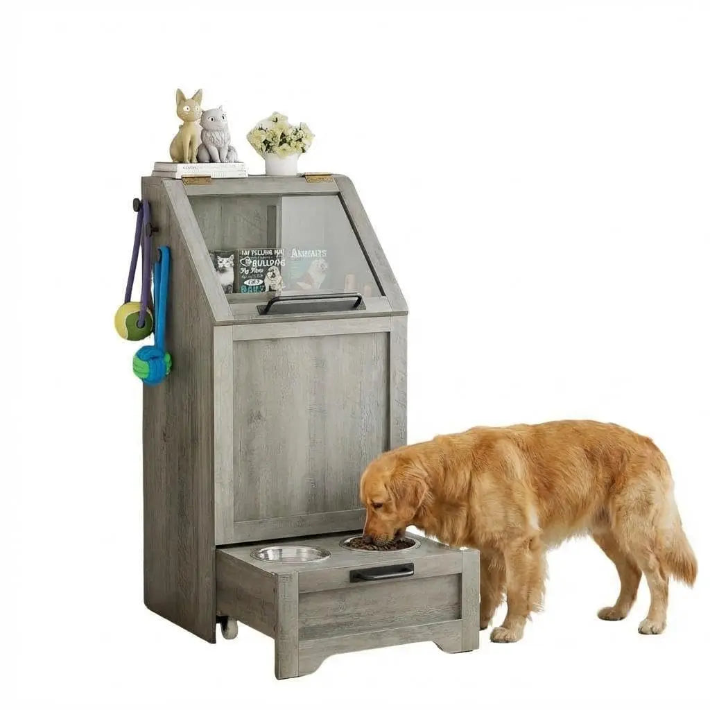 HiMISS Dog Food Station With Storage Cabinet and Raised Bowls