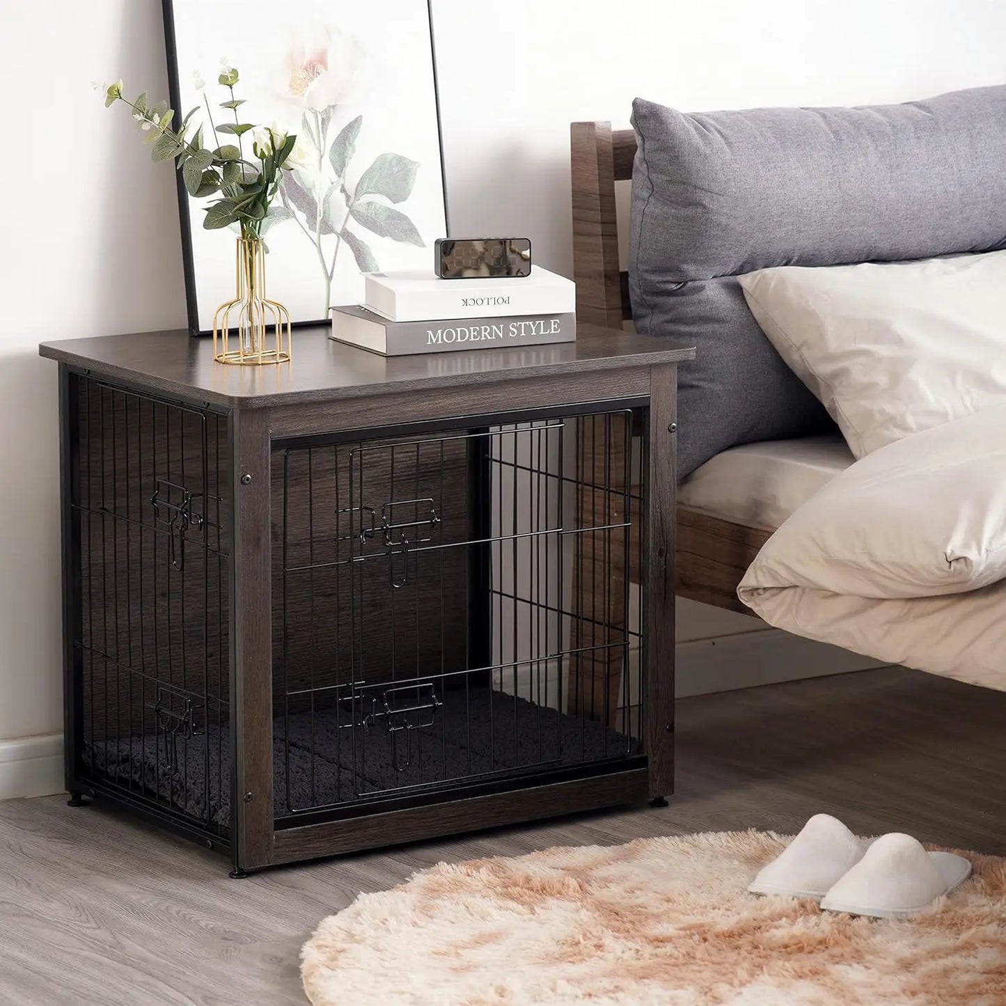 Wooden Dog Crate Furniture With Cushion Kennel Double Doors Indoor