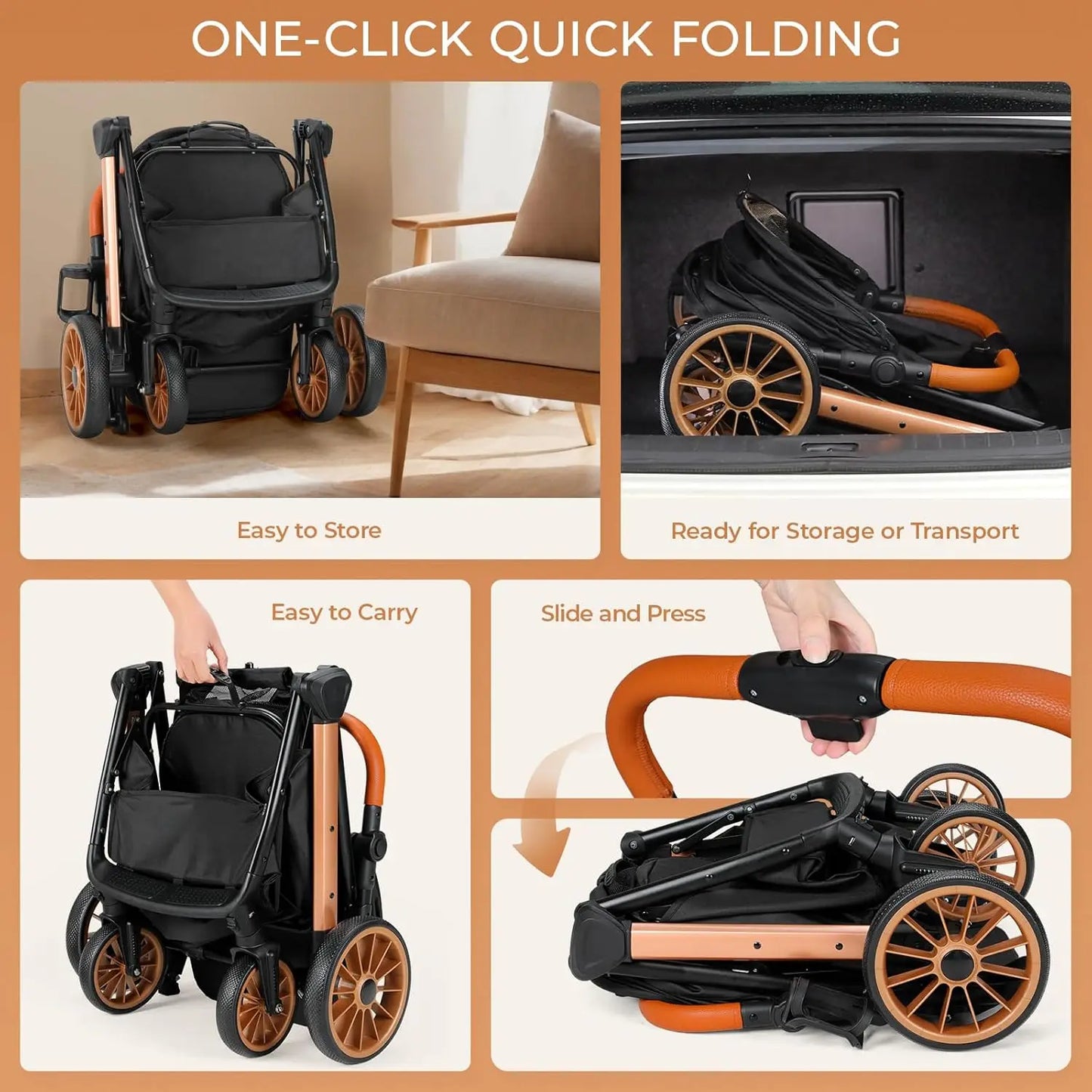 Foldable Pet Stroller All Terrain Travel Carrier With Shock Absorbers