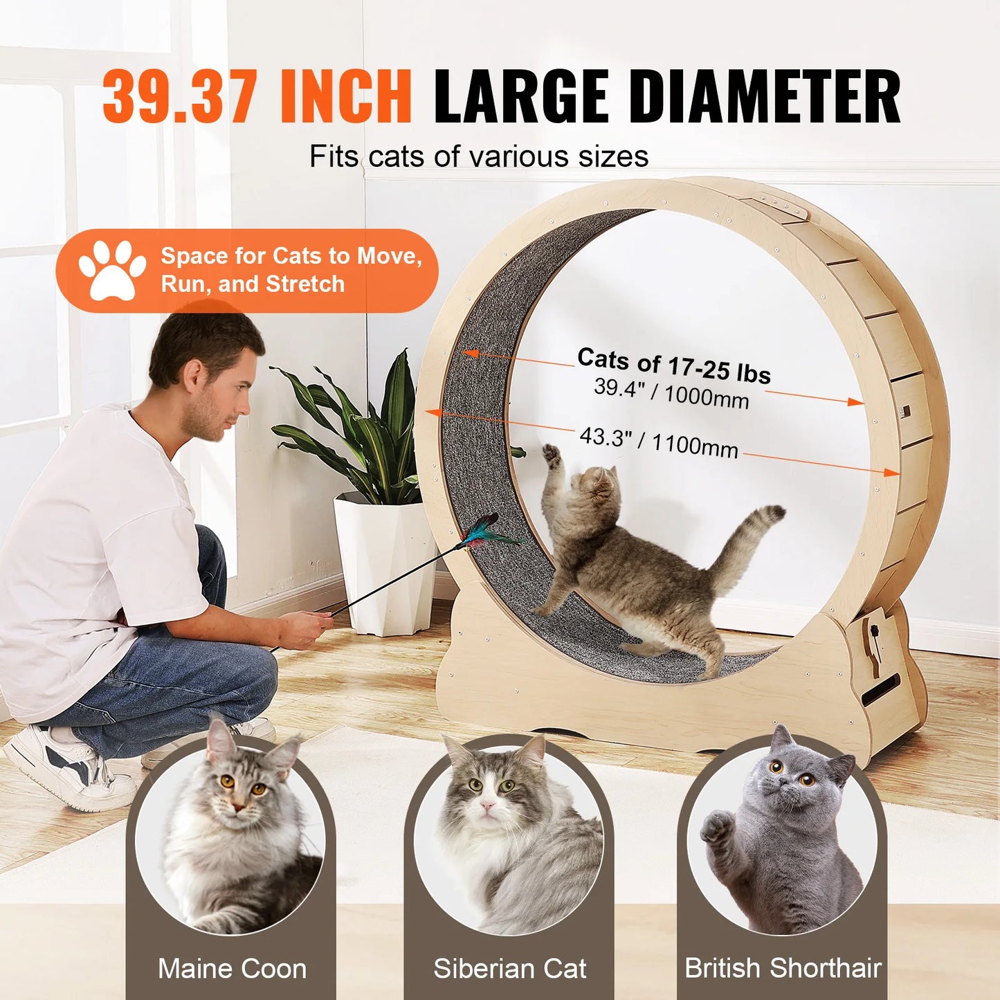 SucceBuy Wooden Cat Exercise Wheel With Detachable Carpet