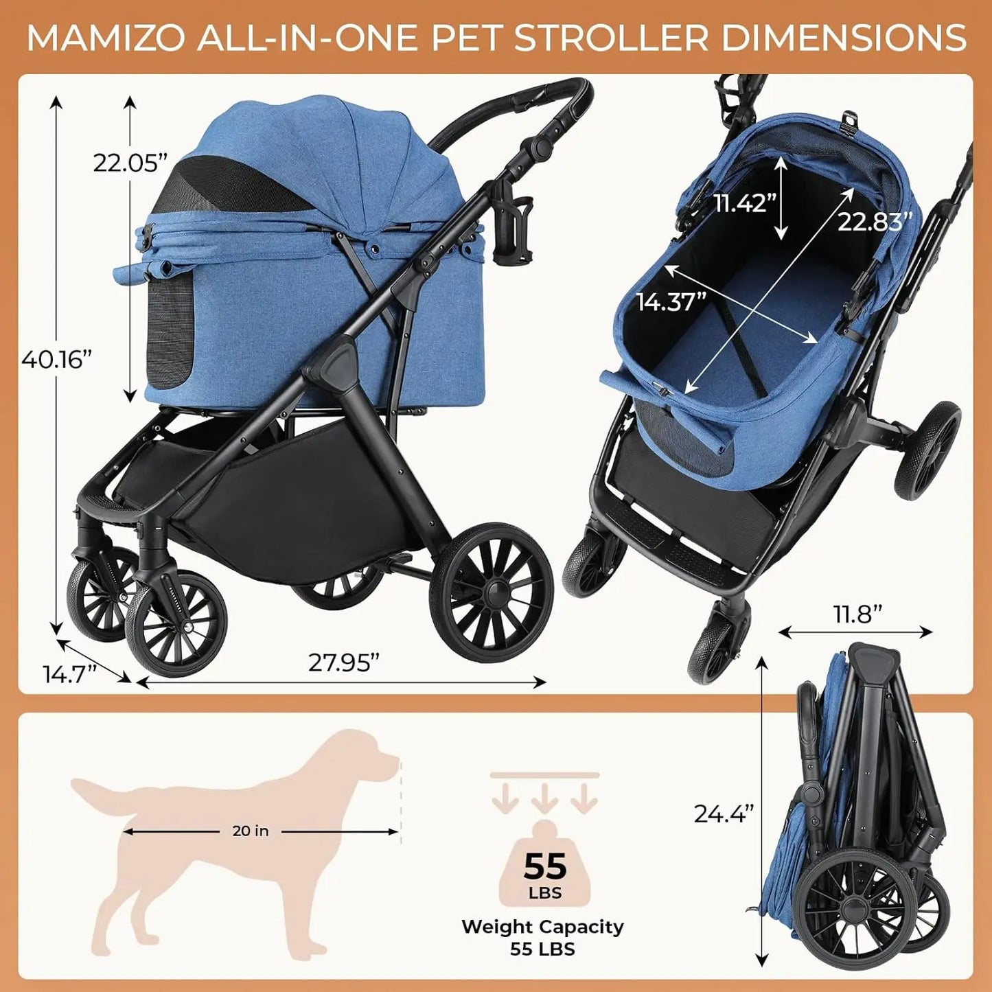 Foldable Pet Stroller All Terrain Travel Carrier With Shock Absorbers