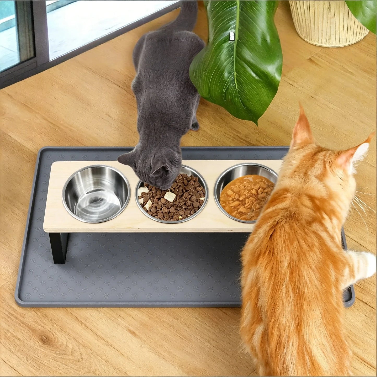 Elevated Cat Feeder With Stainless Steel Bowls And Bamboo Stand