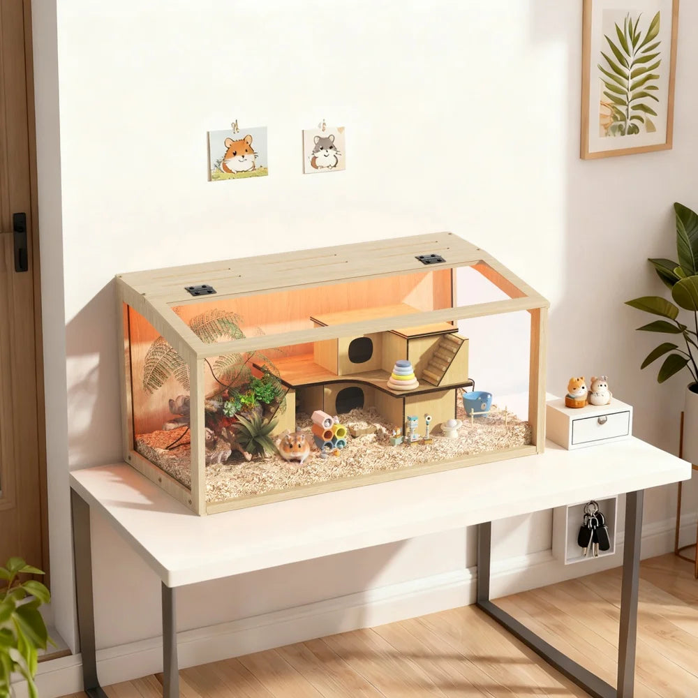 Wooden Hamster Cage With Tempered Glass Top And Led Lighting