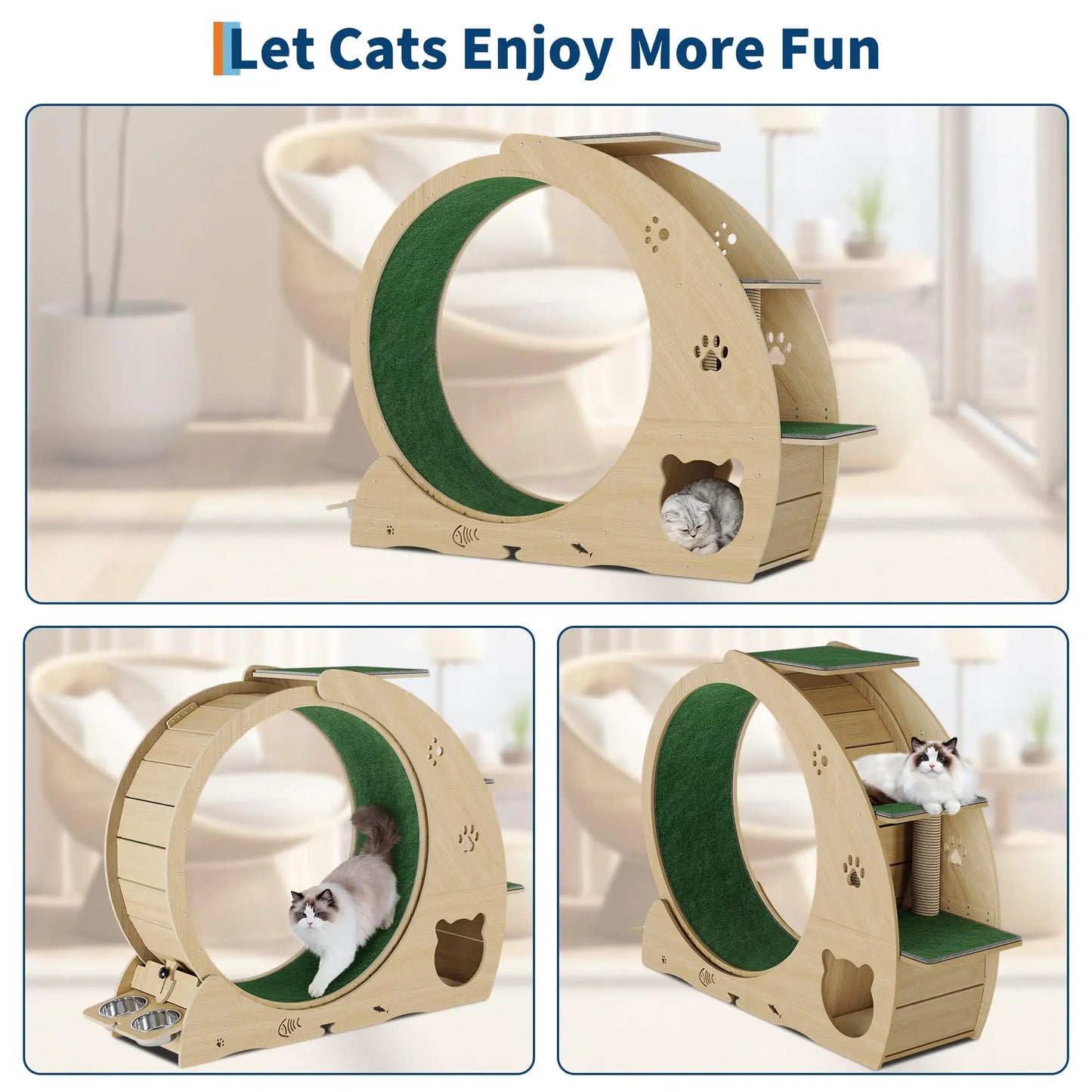 HiMISS Quiet Wooden Cat Exercise Wheel With Integrated Scratching Post