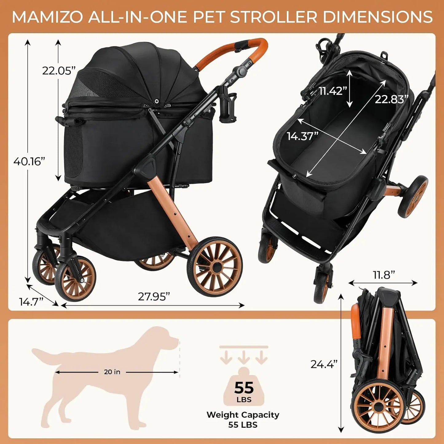 Foldable Pet Stroller All Terrain Travel Carrier With Shock Absorbers