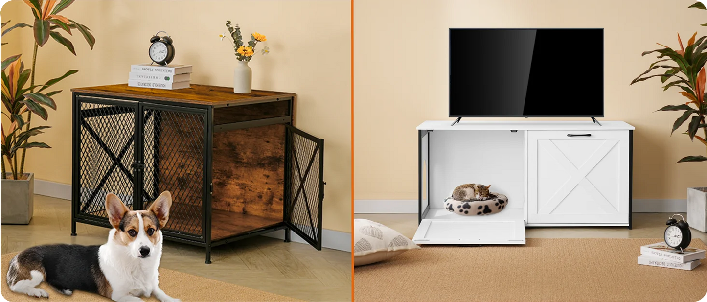 Wooden Dog Crate Furniture With Cushion Kennel Double Doors Indoor