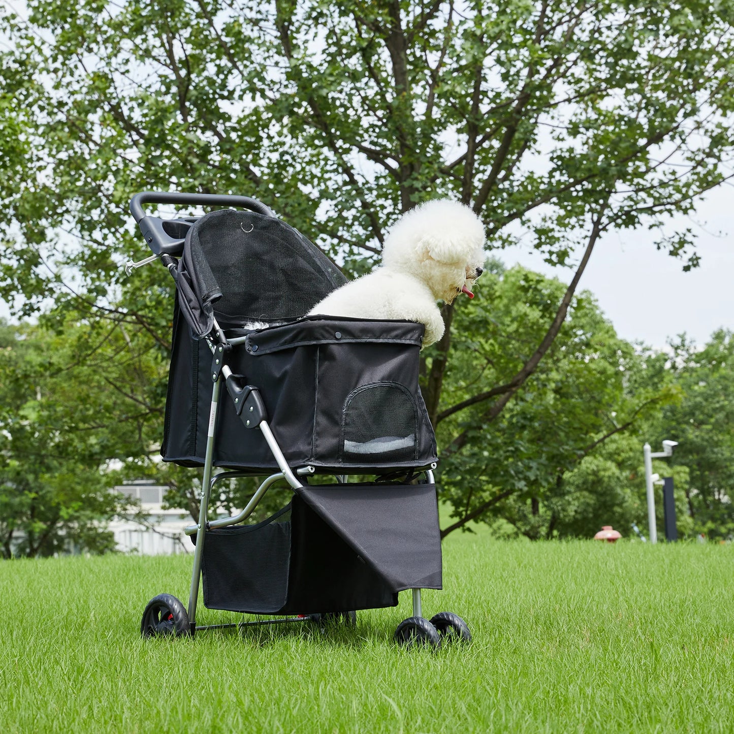 Foldable 3 Wheel Pet Stroller With Mesh Windows Storage Basket