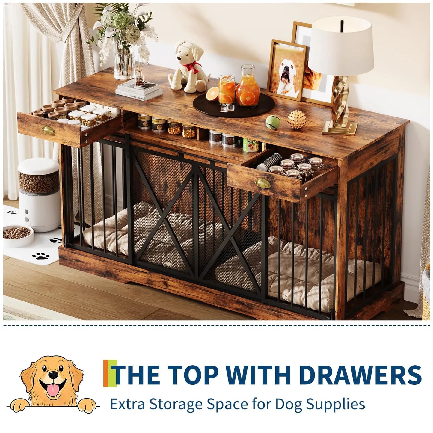 Heavy Duty Double Dog Crate Furniture With Drawers
