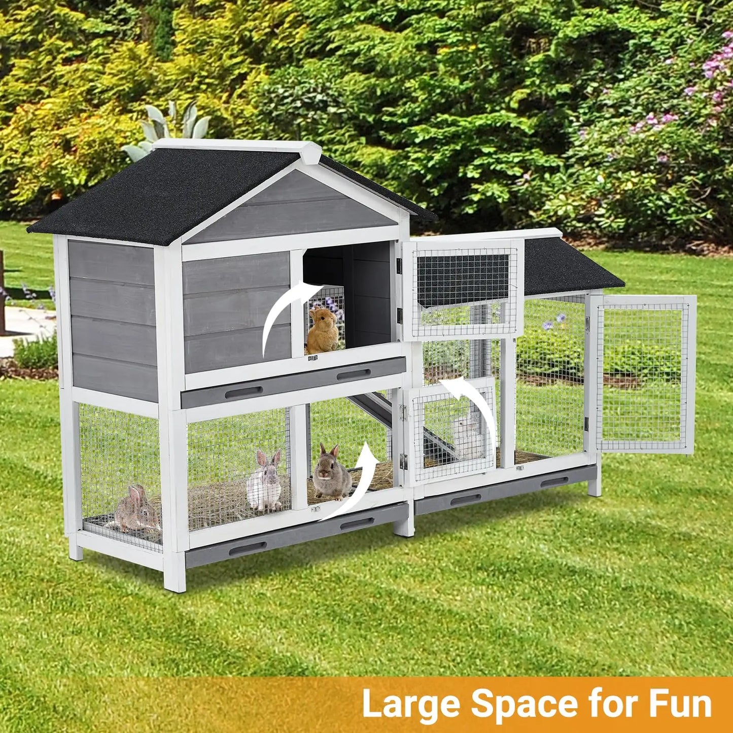 58 Inch Wooden Roof Indoor Outdoor Two Tier Rabbit Hutch