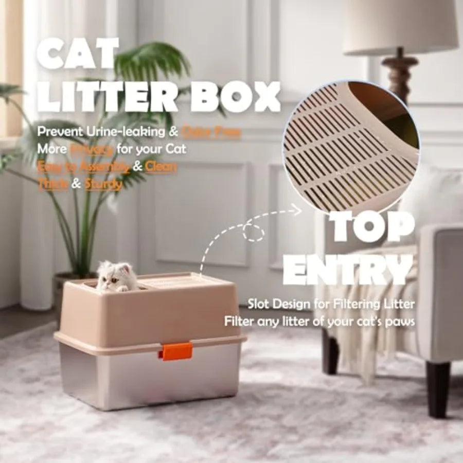Plastic Top Entry Cat Litter Box With Lid Hinged Cover