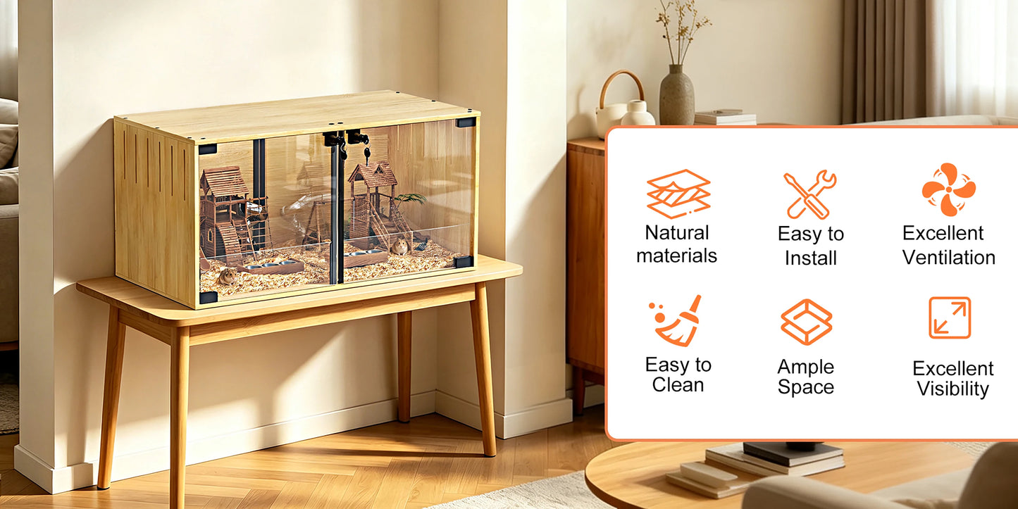 Wooden Small Animal Cage With Tempered Glass Panels