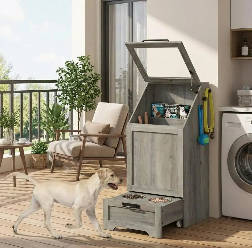 HiMISS Dog Food Station With Storage Cabinet and Raised Bowls