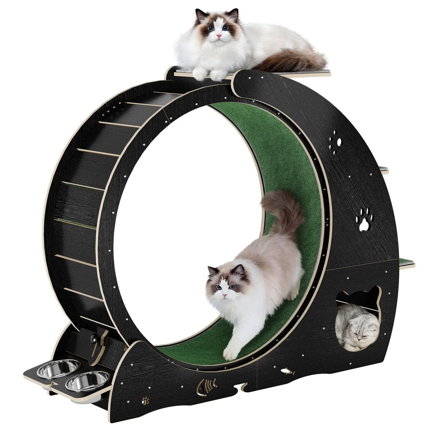 HiMISS Multifunctional Cat Exercise Wheel With Bowls And Post
