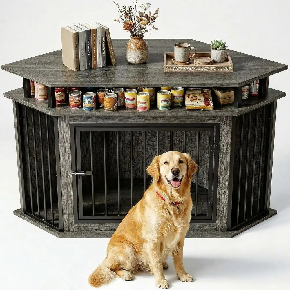 MKDK Wooden Dog Crate Furniture With 2-Tier Shelves