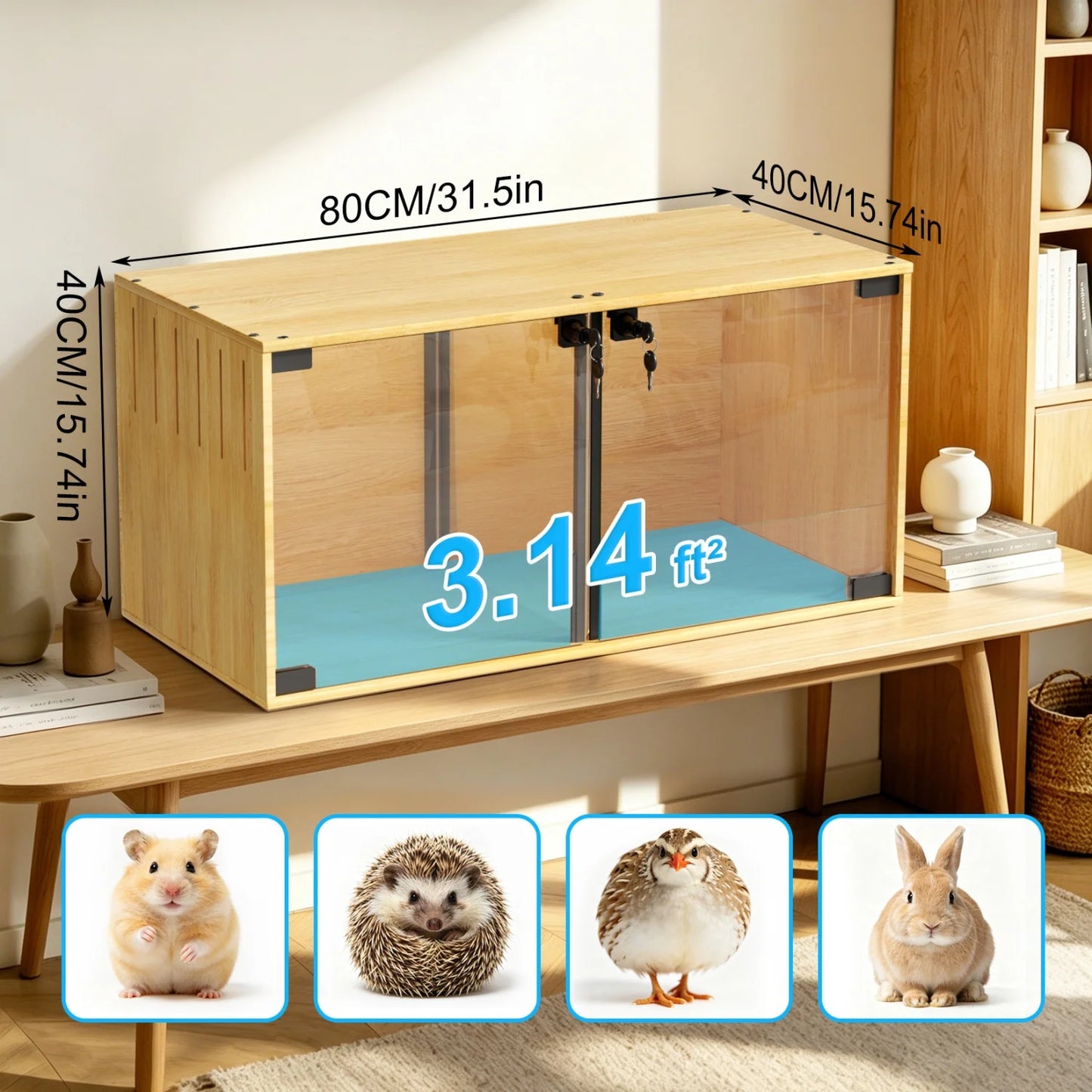 Wooden Small Animal Cage With Tempered Glass Panels