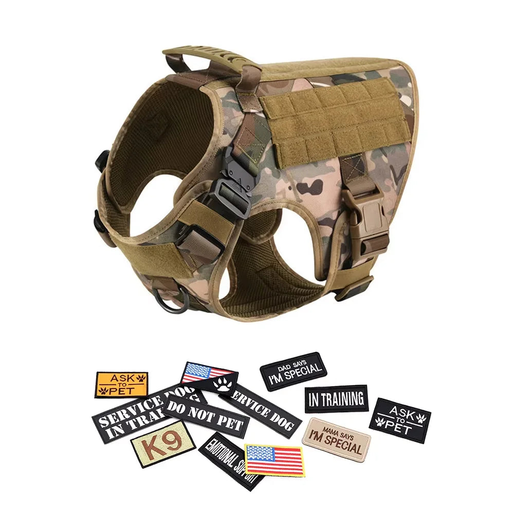 Military Nylon Dog Harness Vest With Leash Patches Training Set
