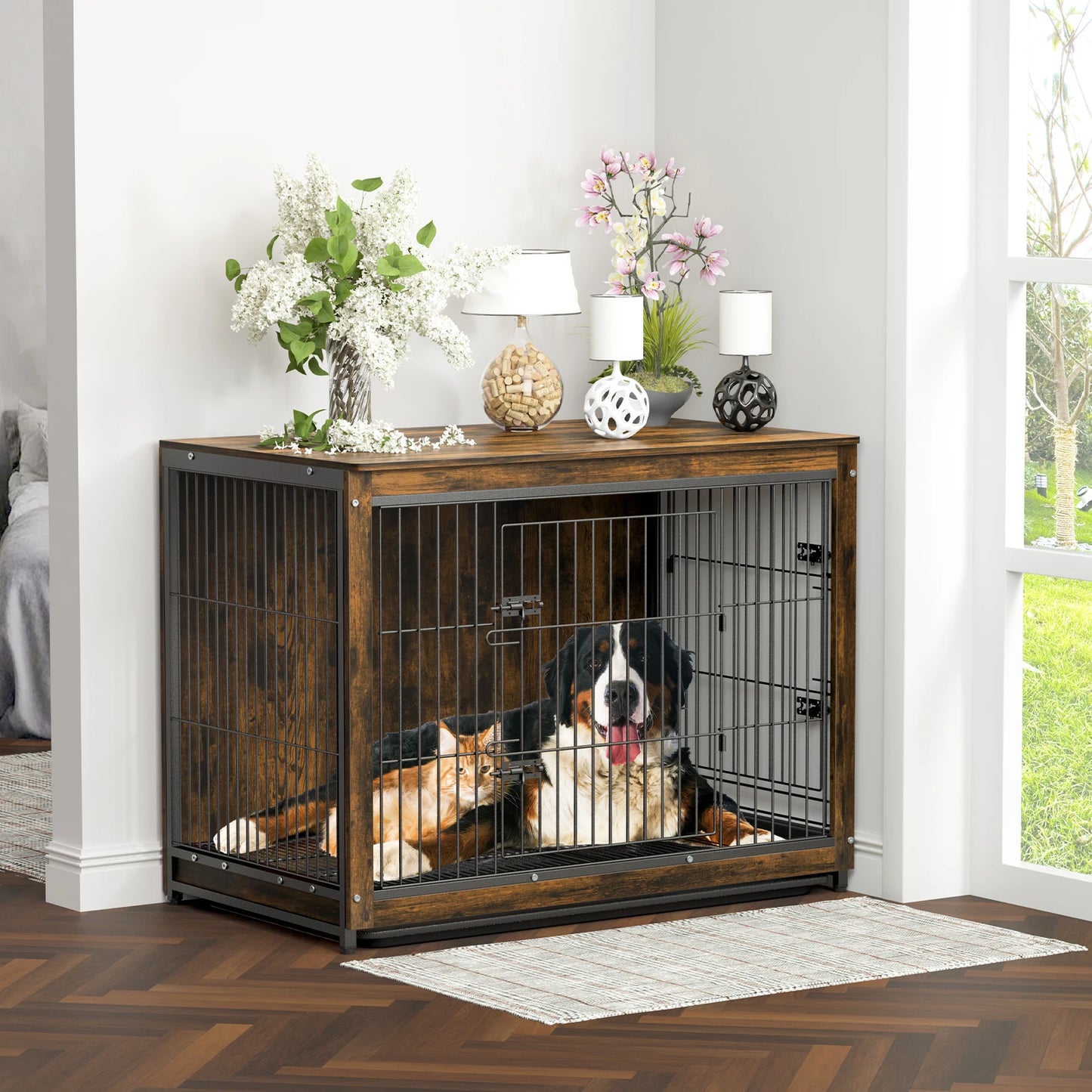 BORWART Elevated Dog Crate Table With Double Doors Removable Tray