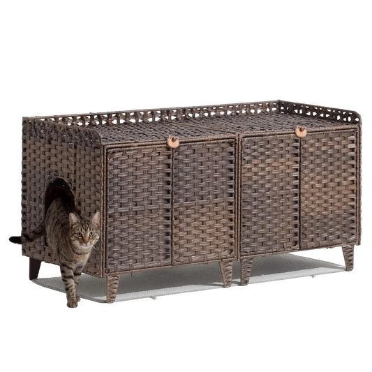 DishyKooker Cat Villa Litter Box Enclosure Rattan For 2 Cats