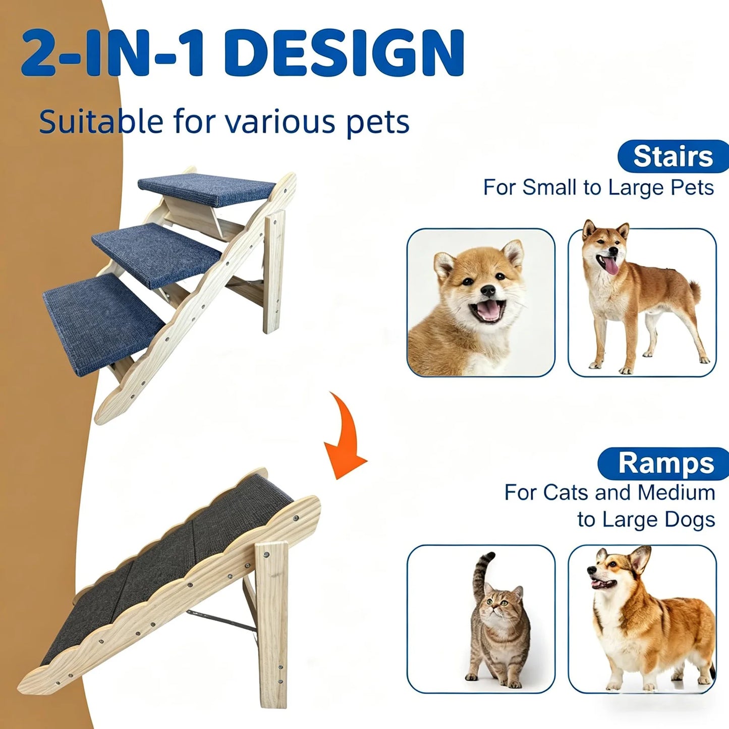 DishyKooker 2 In 1 Wooden Pet Stairs Folding Dog Ramp